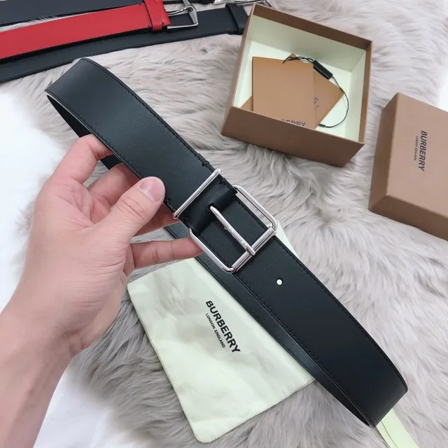 Burberry Black Red Smooth Full-Grain Rectangular Silver-Tone Buckle Leather Belt 4