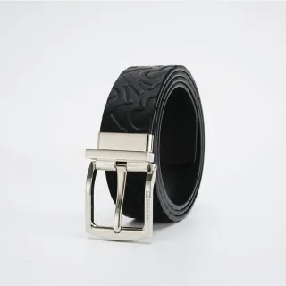 Burberry Black Silver Embossed Monogram Reversible Buckle Leather Belt