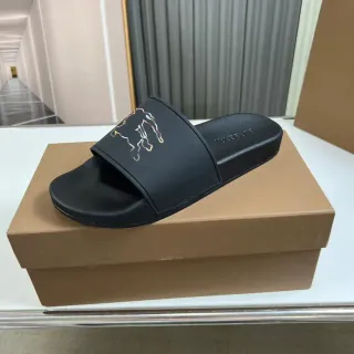 Burberry Horseferry Print Slide Black Embroidered Motif Slippers