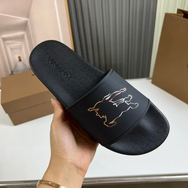 Burberry Horseferry Print Slide Sandales Noires Motif Brodé 6