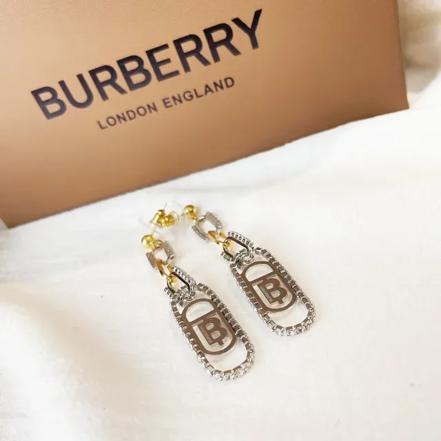 Burberry Silver Gold Monogrammed Oval Drop Pavé Crystal-Encrusted Earrings 4