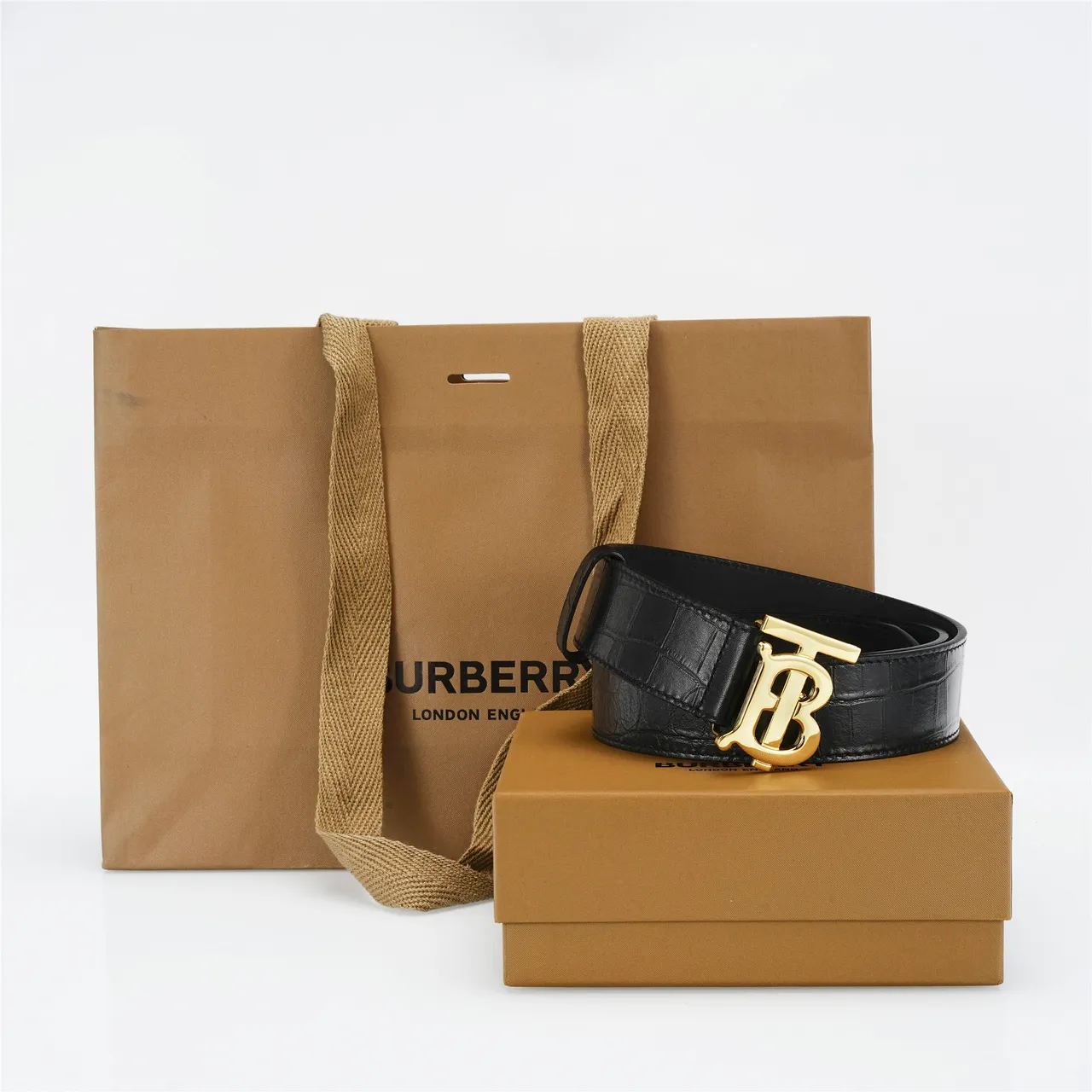 Burberry TB Belt Cinto de couro preto com relevo de crocodilo 4