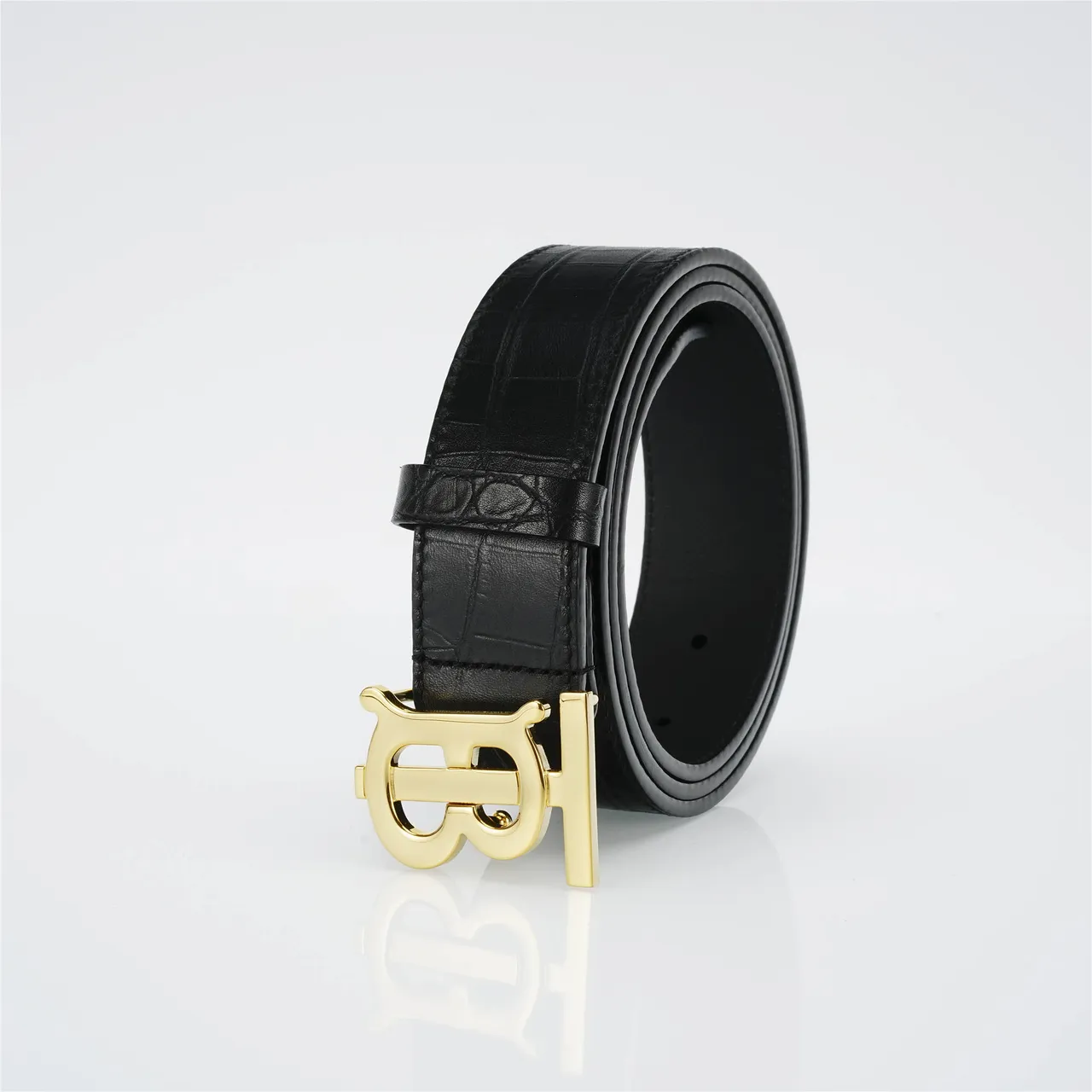 Burberry TB Belt Cinto de couro preto com relevo de crocodilo 6