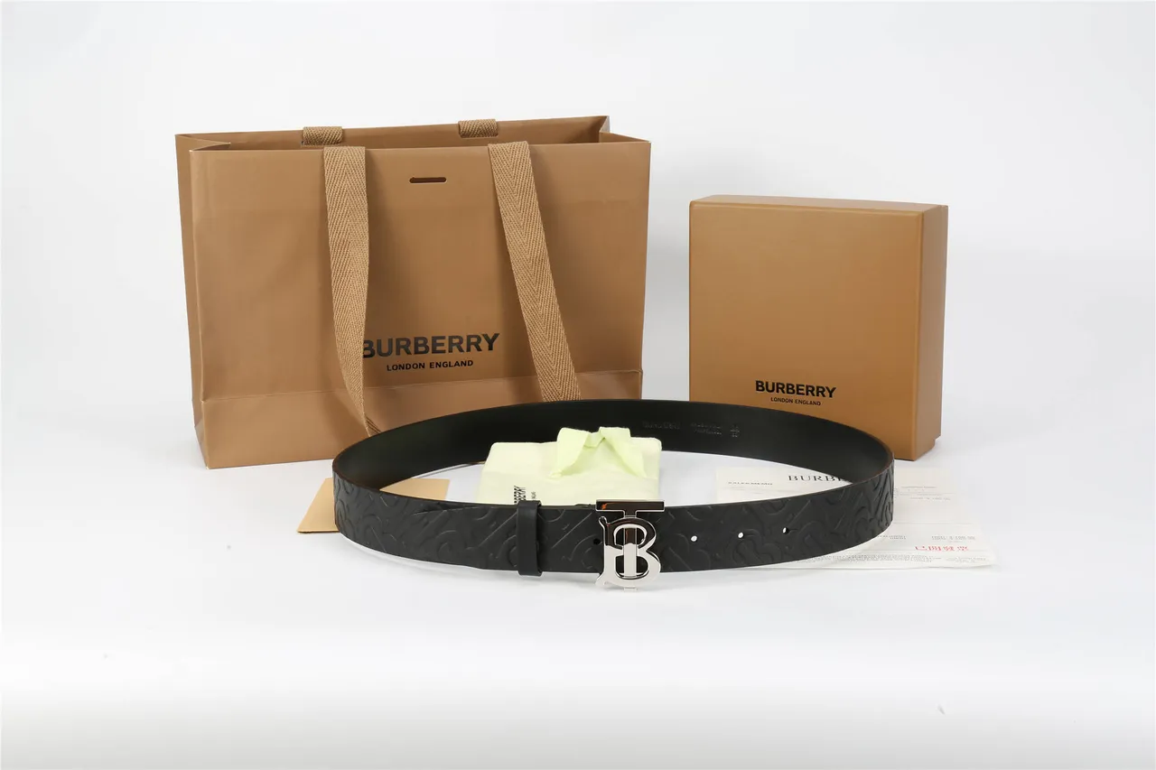 Burberry TB Belt Black Embossed Monogram Leather Belt 10