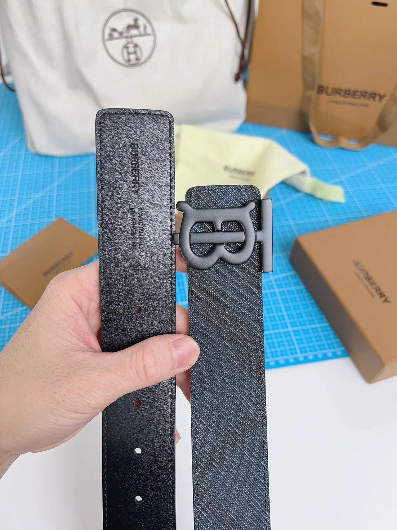 Burberry TB Belt Charcoal Gray Check Leather Belt 2