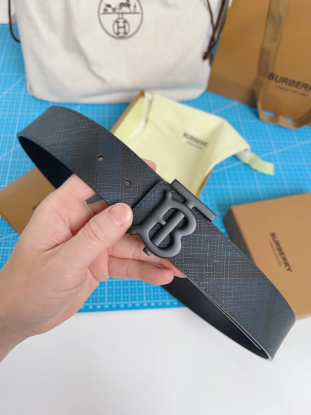 Burberry TB Belt Charcoal Gray Check Leather Belt 3