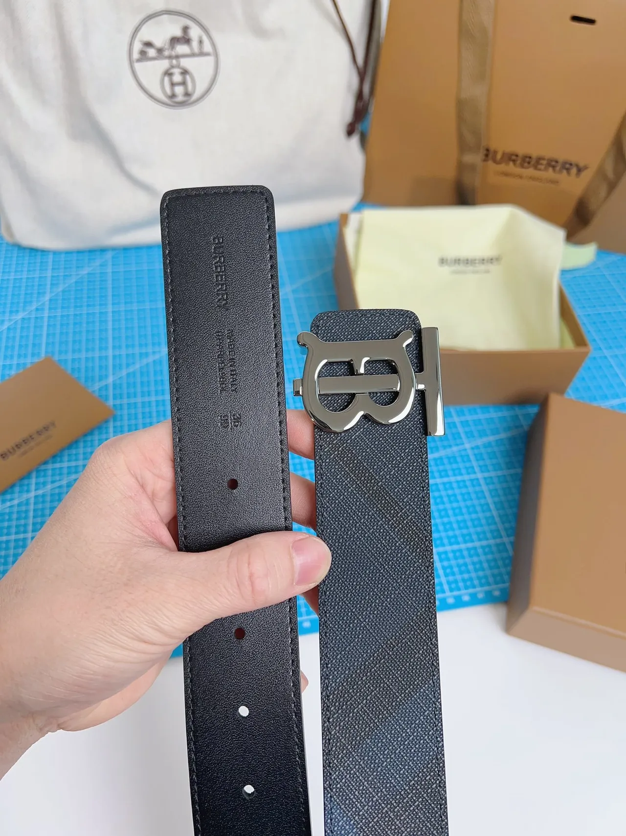 Burberry TB Belt Dark Gray Tonal Check Leather Belt 2