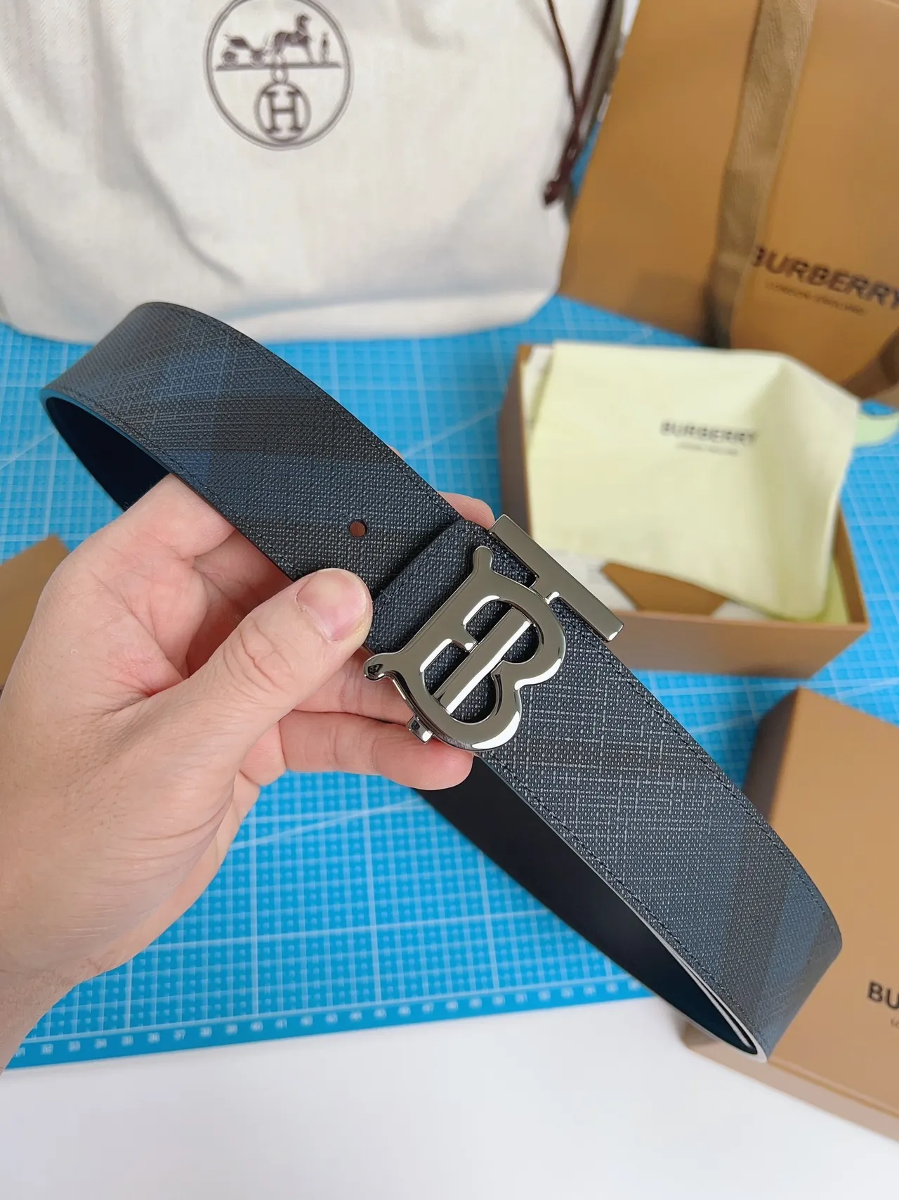 Burberry TB Belt Dark Gray Tonal Check Leather Belt 3