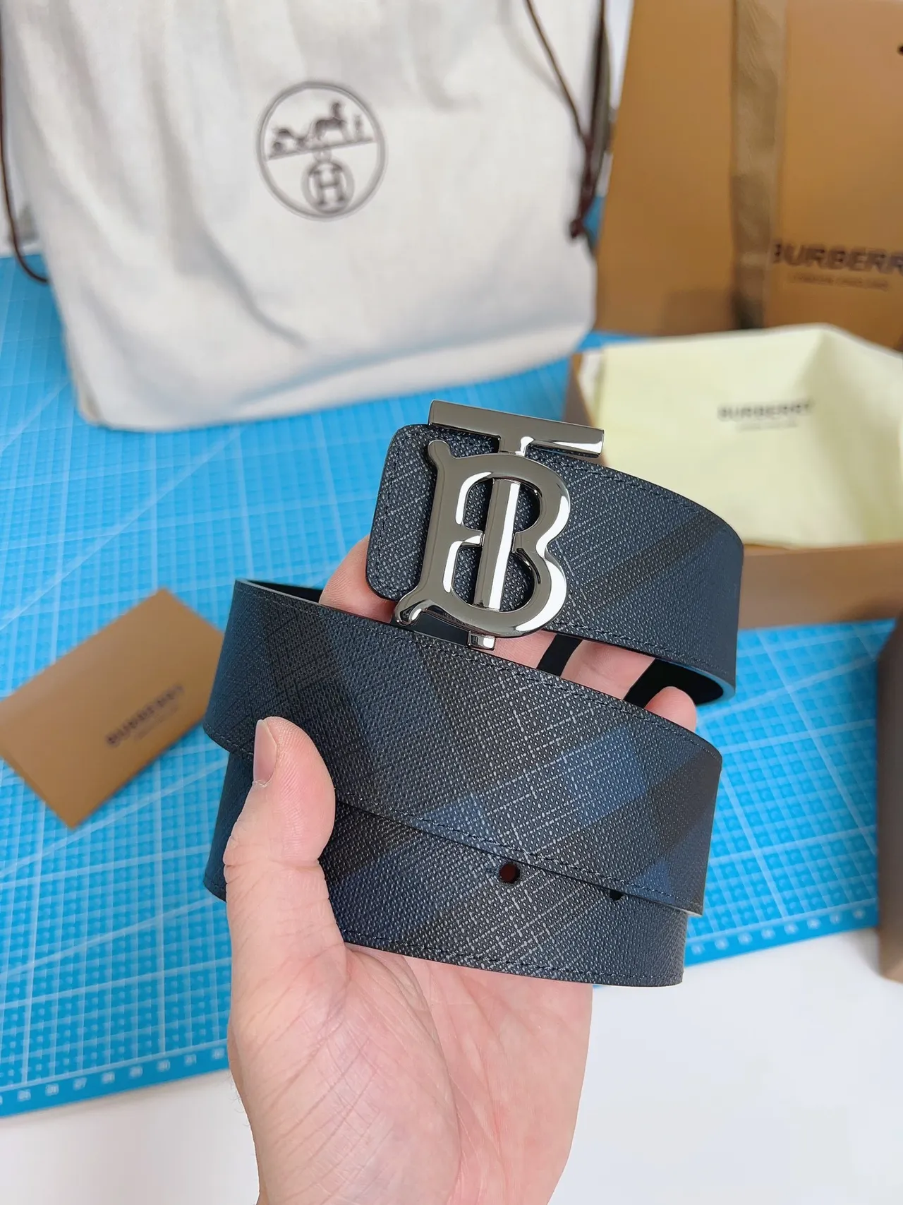 Burberry TB Belt Dark Gray Tonal Check Leather Belt 4