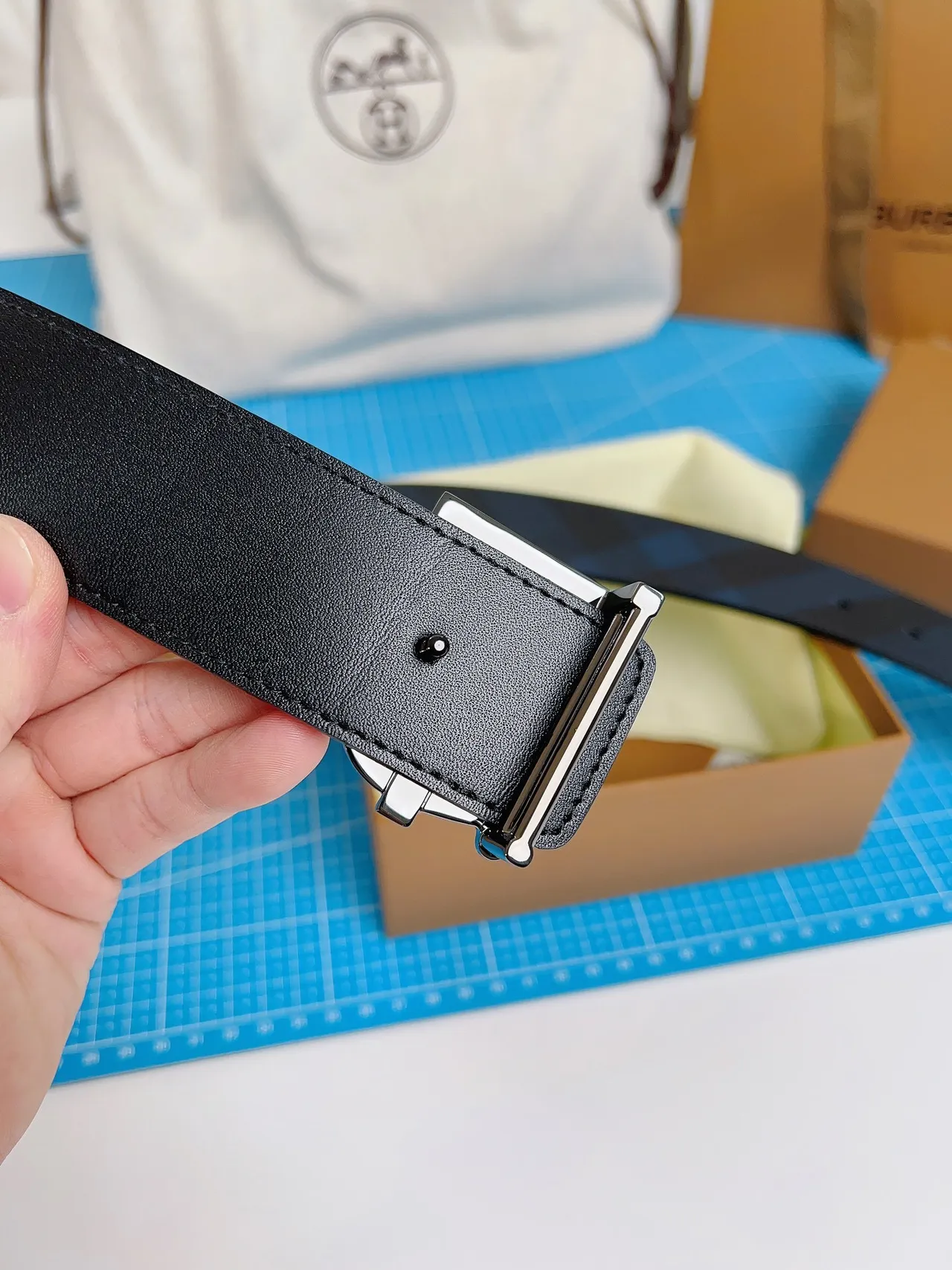 Burberry TB Belt Dark Gray Tonal Check Leather Belt 8