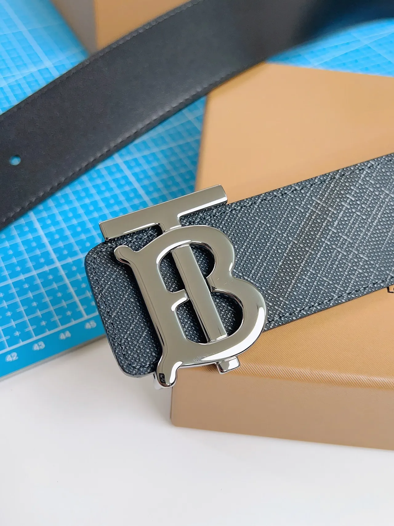 Burberry TB Belt Dark Gray Tonal Check Leather Belt 9