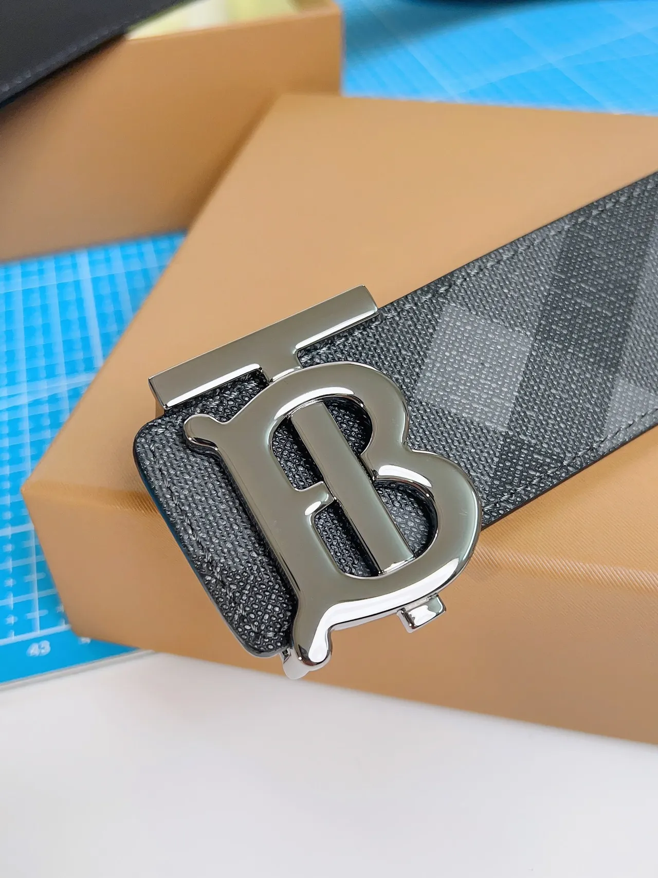 Burberry TB Belt Cinto de couro cinza casa a quadros 8