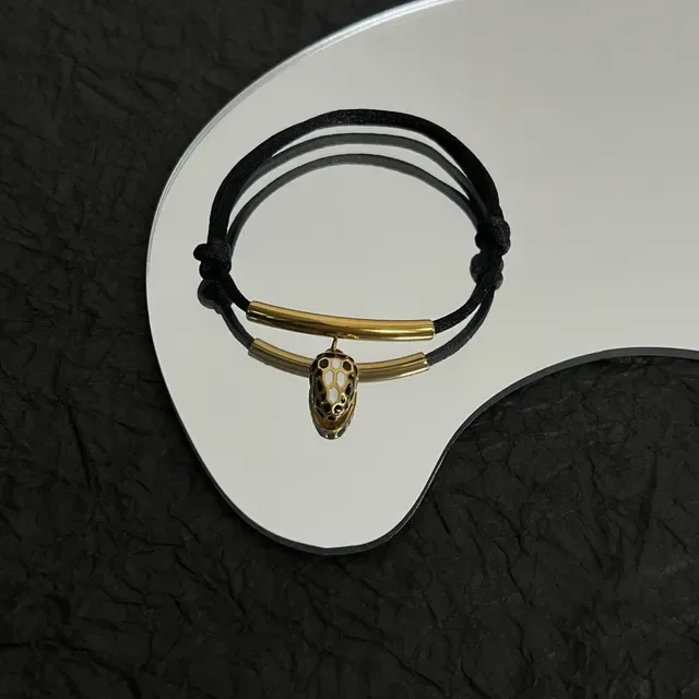 Bvlgari Black Cord and Gold-Tone Bar Pendant Bracelet 4