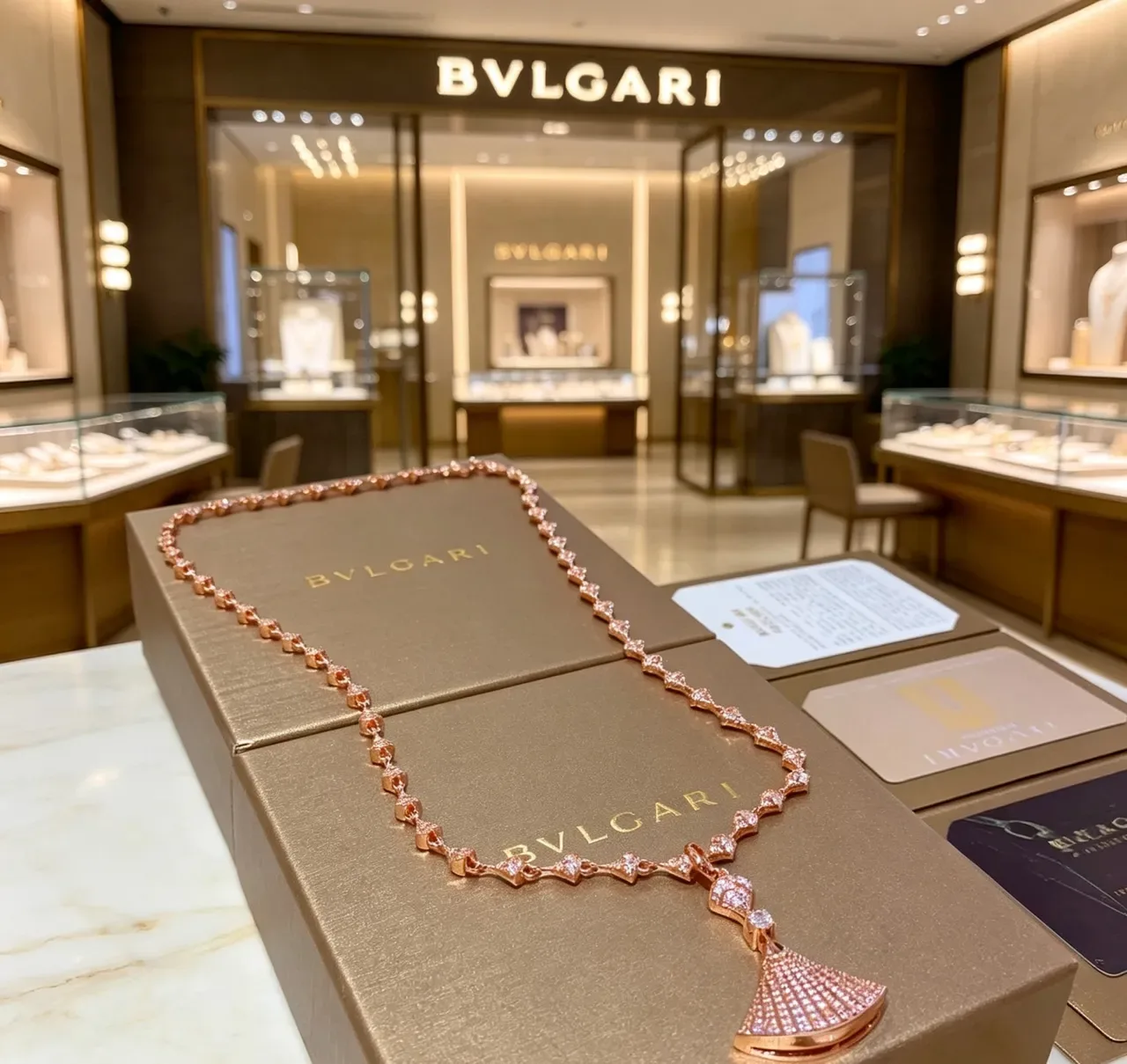 Bvlgari Divas’ Dream Rose Gold Pavé Diamond Fan Pendant Necklace 9