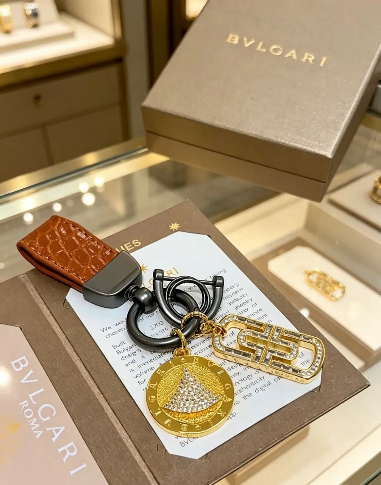 Bvlgari Gold Brown Pavé-Set Charms Crocodile-Embossed Leather Strap Jewelry 2