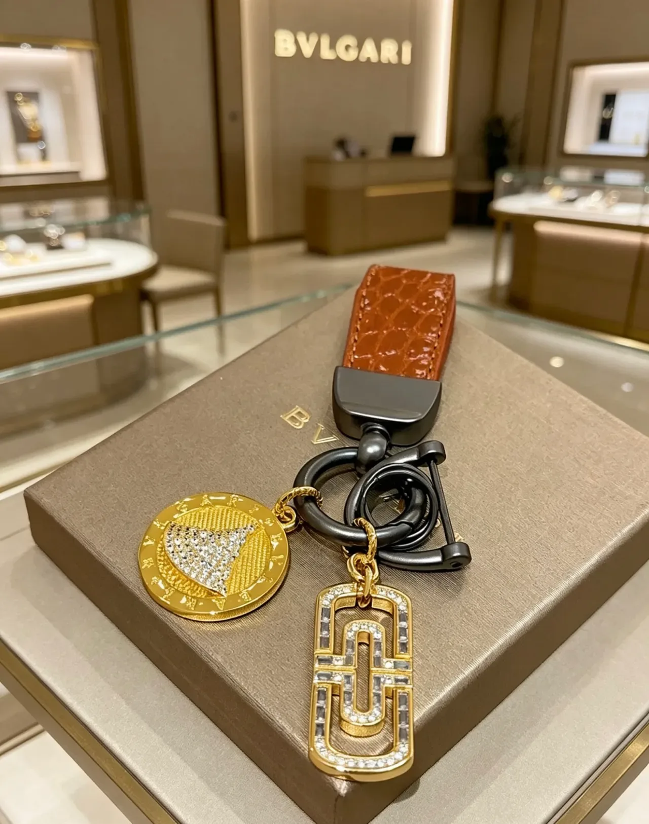 Bvlgari Gold Brown Pavé-Set Charms Crocodile-Embossed Leather Strap Jewelry 6