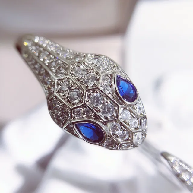 Bvlgari Silver Blue Snake-Head Motif Hexagonal Pavé Setting Bracelet 2