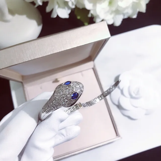 Bvlgari Silver Blue Snake-Head Motif Hexagonal Pavé Setting Bracelet 5