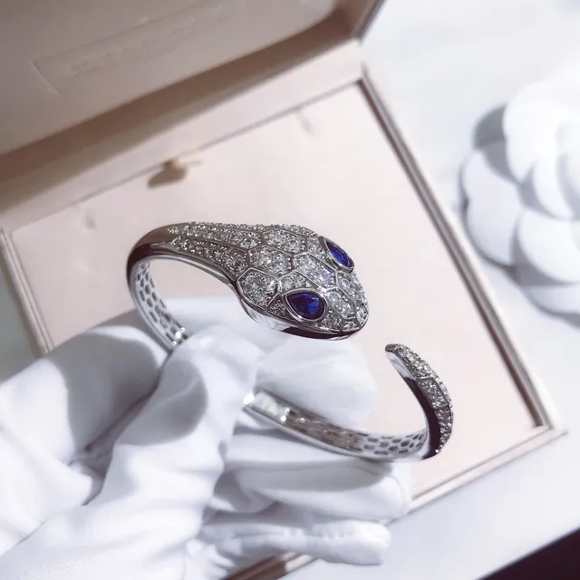 Bvlgari Silver Blue Snake-Head Motif Hexagonal Pavé Setting Bracelet 6