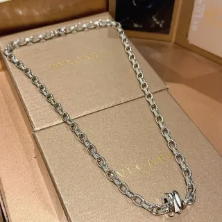 Bvlgari Silver White Oval-Link Chain Pavé-Set Accents Necklace