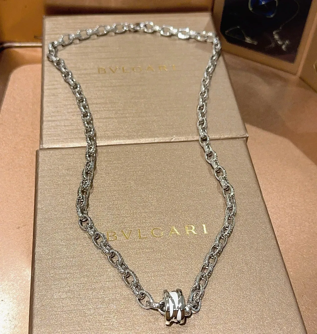 Bvlgari Prata Branca Corrente com elos ovais Pavé-Set Accents Colar 9