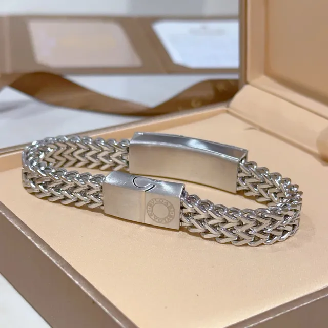 Bvlgari Silver Woven Herringbone Chain Engraved Central Plaque Bracelet 3