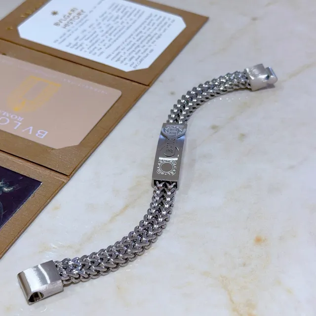 Bvlgari Silver Woven Herringbone Chain Engraved Central Plaque Bracelet 4