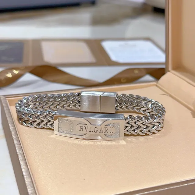 Bvlgari Silver Woven Herringbone Chain Engraved Central Plaque Bracelet 6