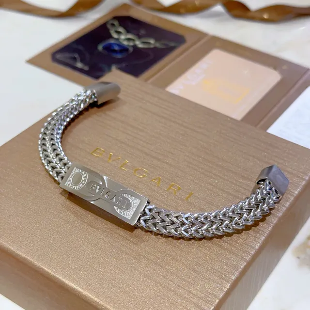 Bvlgari Silver Woven Herringbone Chain Engraved Central Plaque Bracelet 8