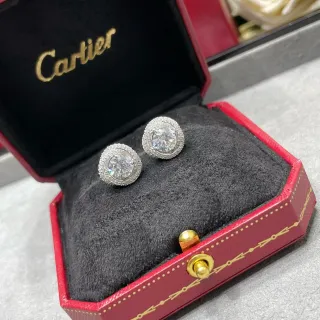 Cartier فضية شفافة مزدوجة الهالو باهيه إعداد حجر دائري متوهج مركزي أقراط