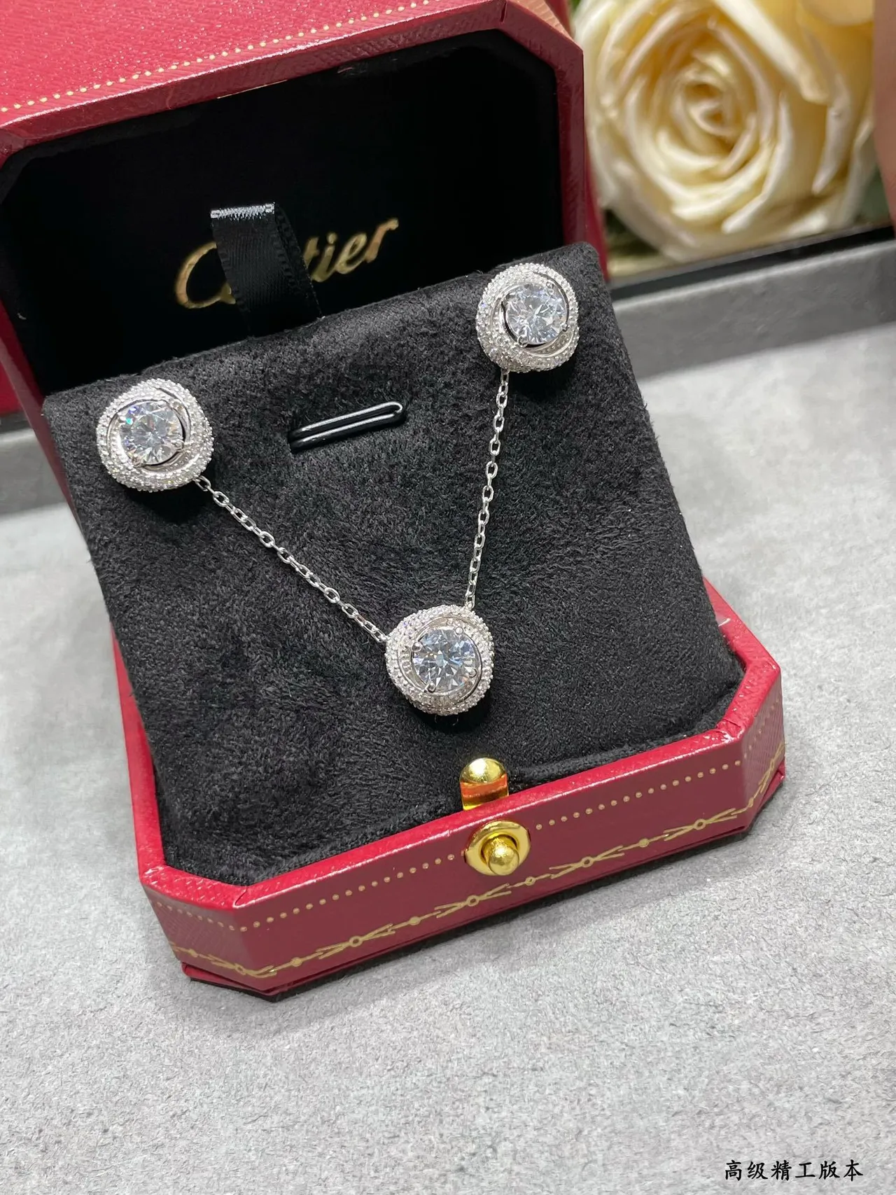 Cartier Prateados Transparentes Duplo Halo Pavé Ajuste Brilhante Redondo Pedra Central Brincos 6