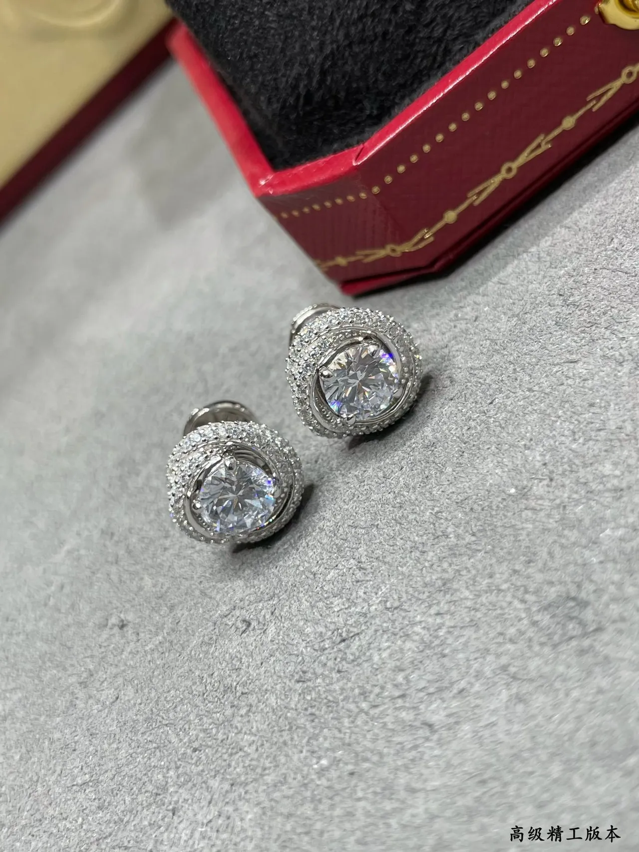 Cartier Prateados Transparentes Duplo Halo Pavé Ajuste Brilhante Redondo Pedra Central Brincos 7