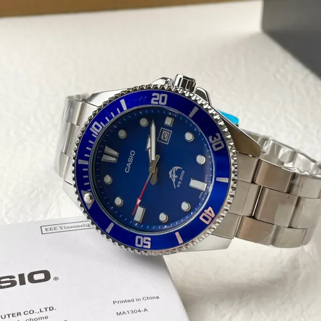 Casio Diver-style Blue Silver Dial Ceramic Bezel Watch 6