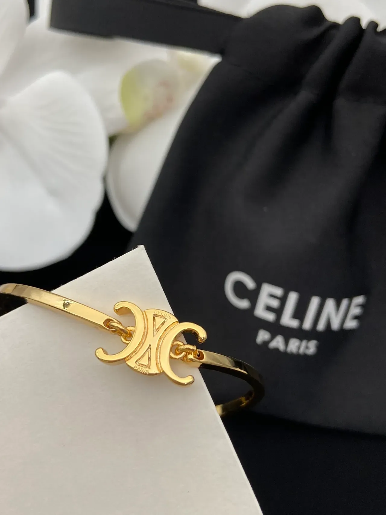 Celine Ava Gold Black Open Bangle Bracelet 6