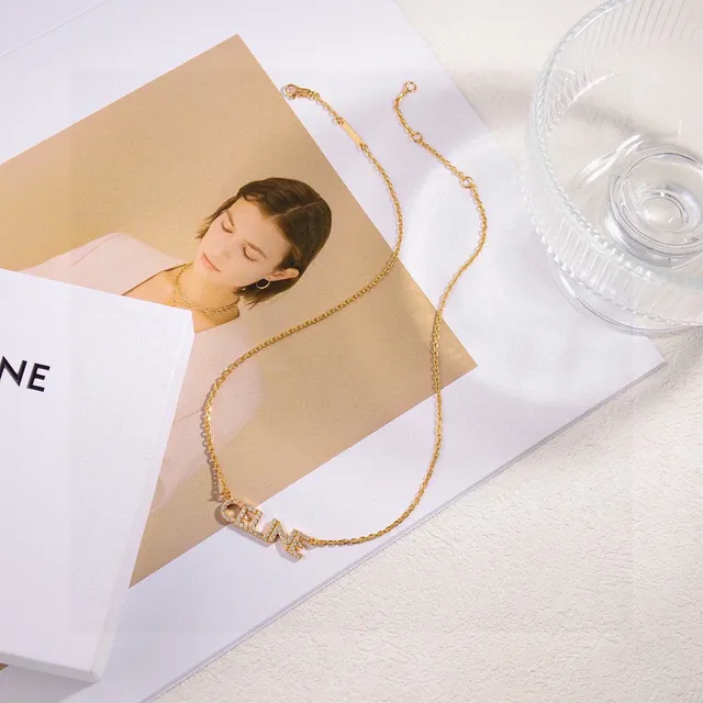 Celine Logo Pingente Colar Dourado e Prata Pavé Cristal Colares 3