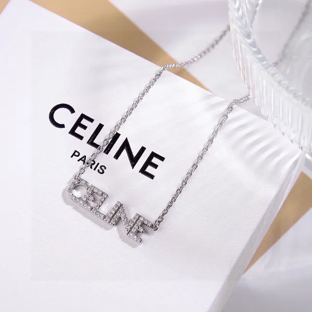 Celine Logo Pingente Colar Dourado e Prata Pavé Cristal Colares 4