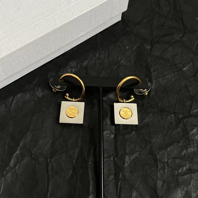 Celine Triomphe Gold-Tone Square Logo Hoop Earrings 2