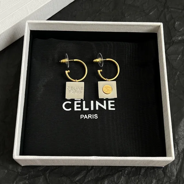 Celine Triomphe Gold-Tone Square Logo Hoop Earrings 3