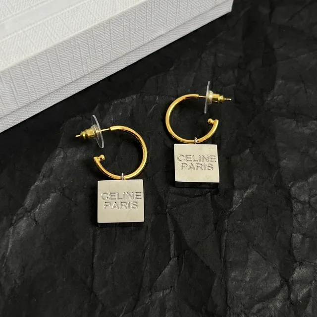 Celine Triomphe Gold-Tone Square Logo Hoop Earrings 4