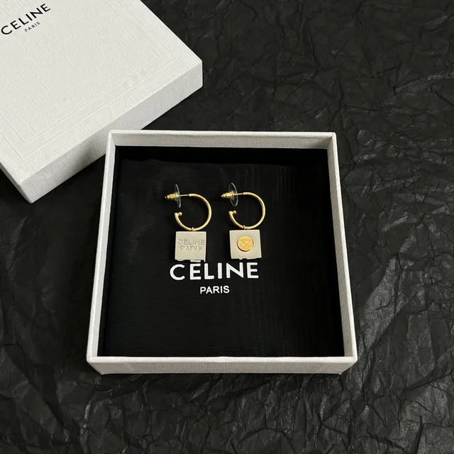 Celine Triomphe Gold-Tone Square Logo Hoop Earrings 5