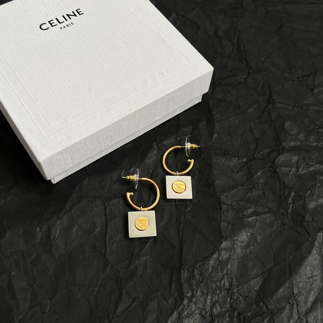 Celine Triomphe Gold-Tone Square Logo Hoop Earrings 6