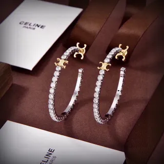 Celine Triomphe Pavé Crystal Two-Tone Hoop Earrings