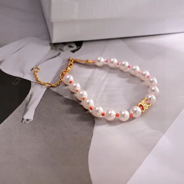 Celine Triomphe White Gold Pearl-Beaded Clasp Bracelet 2