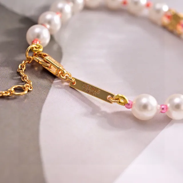 Celine Triomphe White Gold Pearl-Beaded Clasp Bracelet 4