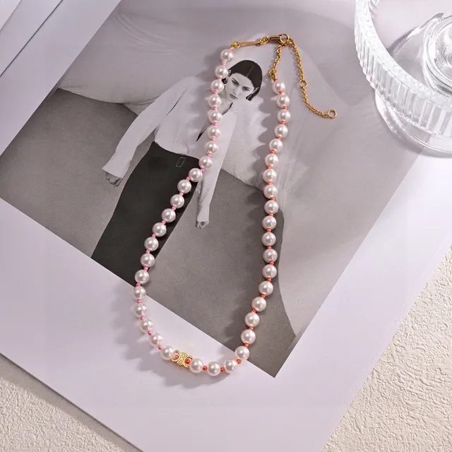 Celine Triomphe White Gold Pearl-Beaded Clasp Bracelet 5