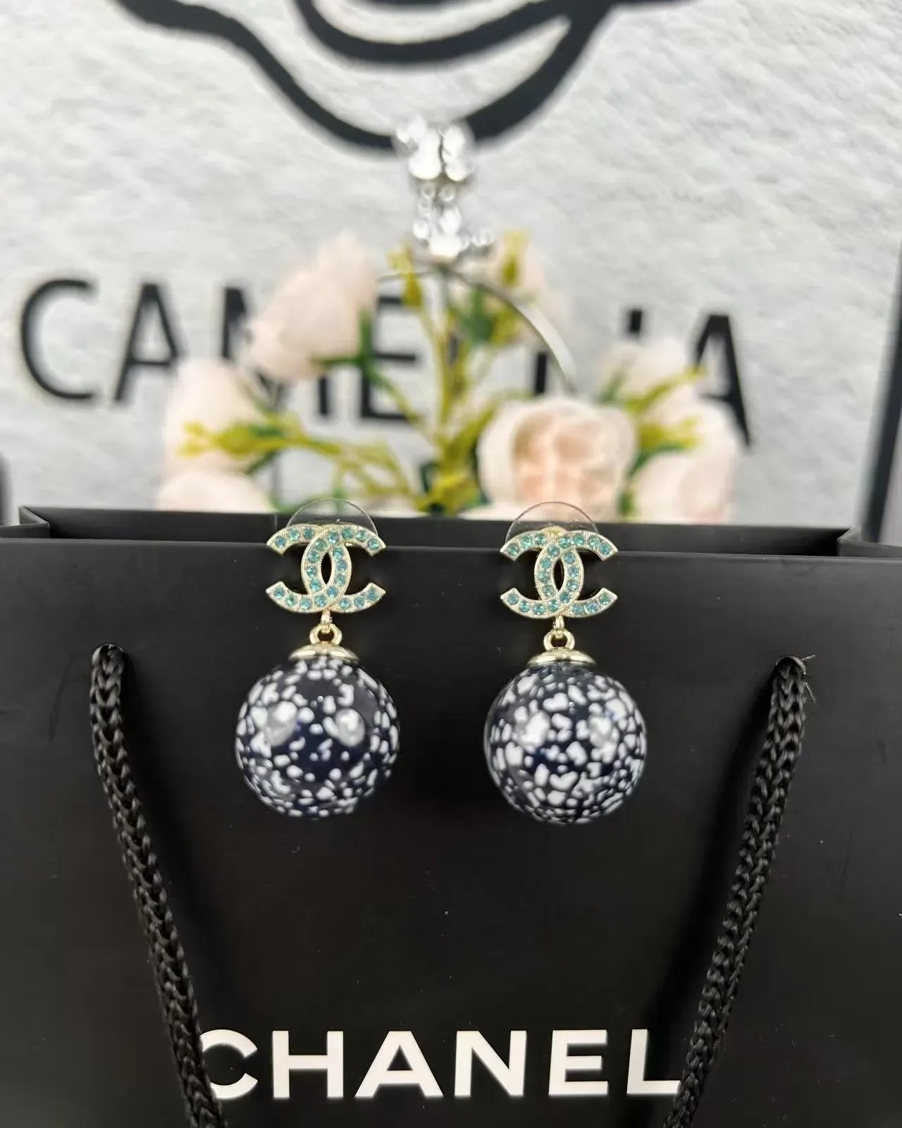 Chanel Black White Speckled Resin Sphere Gold-Tone Drop Construction Earrings 4