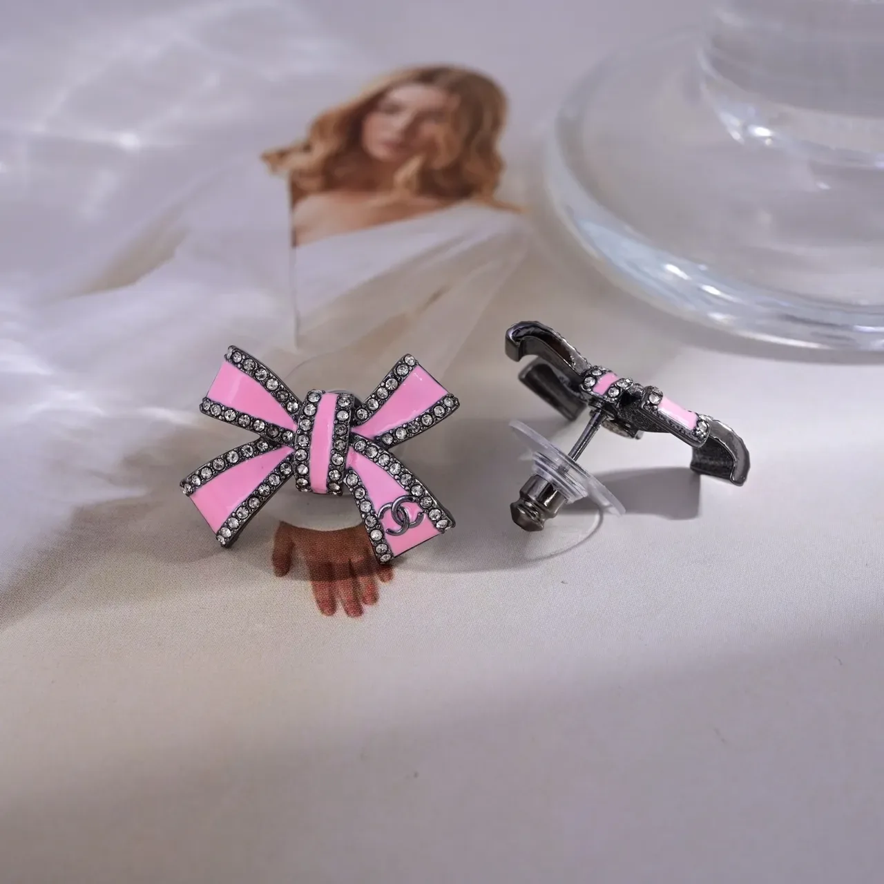 Chanel Bow-Shape Enamel and Crystal Stud Earrings 4