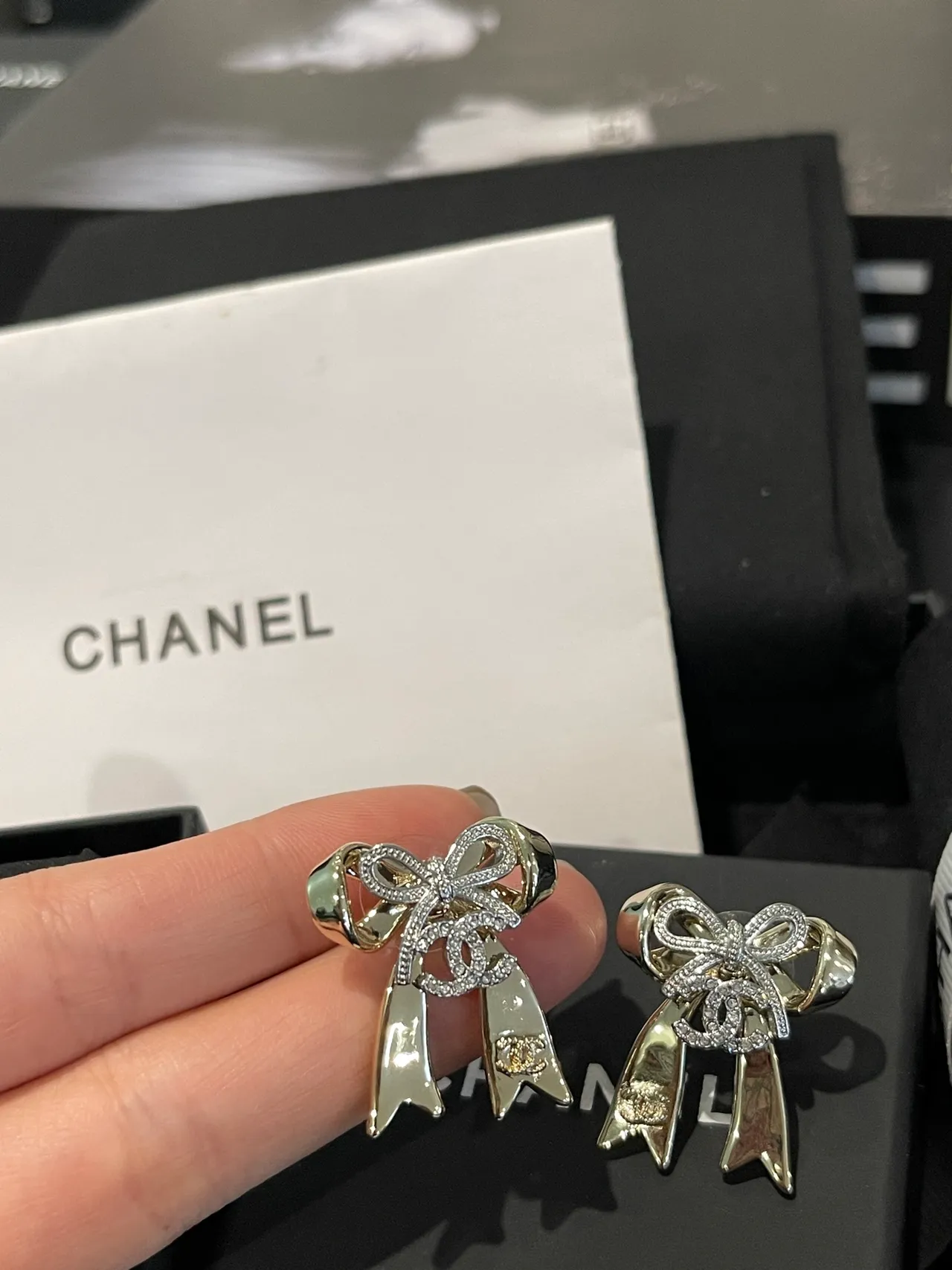 Chanel Bow Silver White Crystal-Pavé Earrings 2