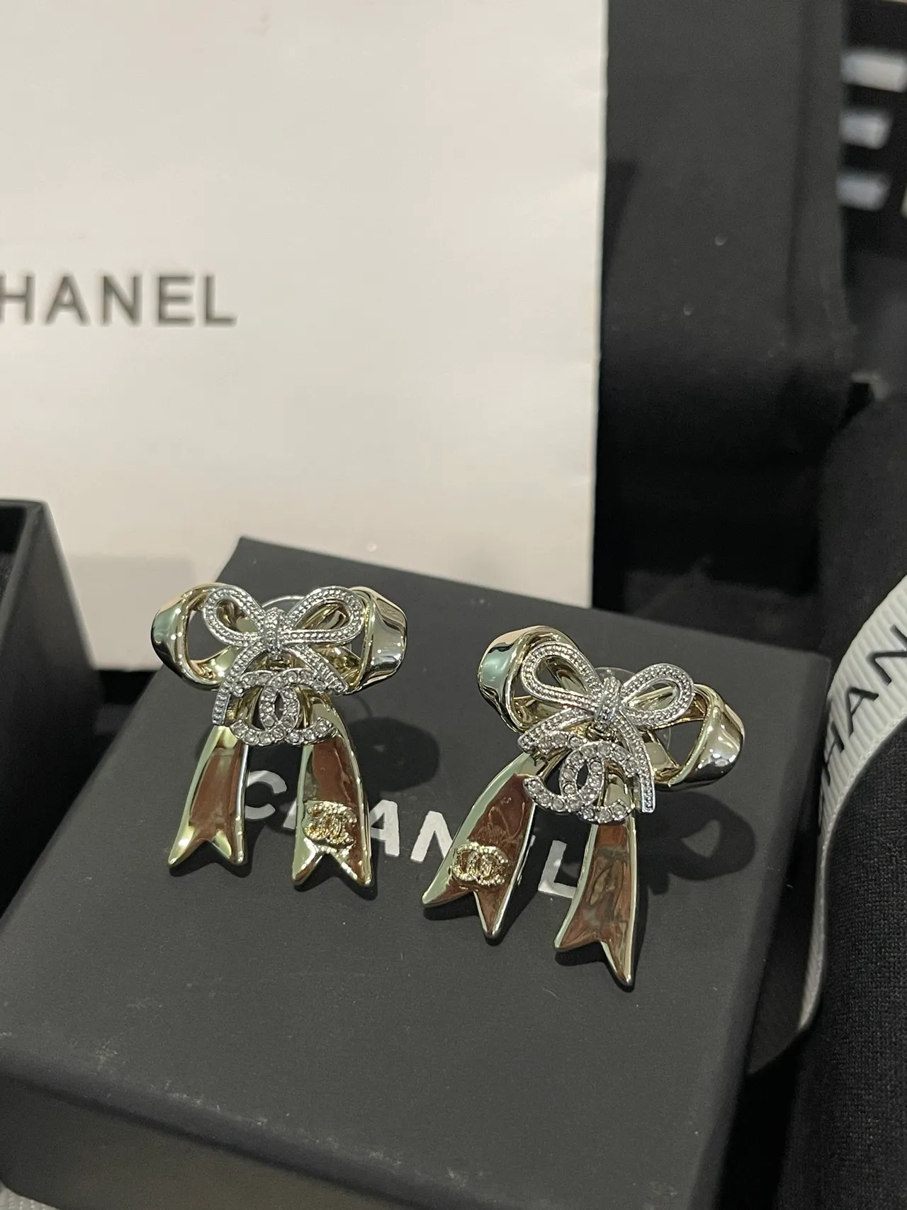 Chanel Bow Silver White Crystal-Pavé Earrings 3