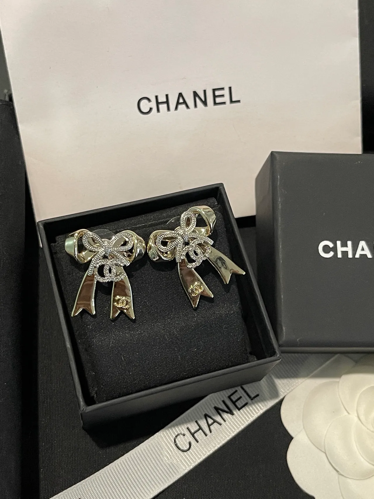 Chanel Bow Silver White Crystal-Pavé Earrings 10